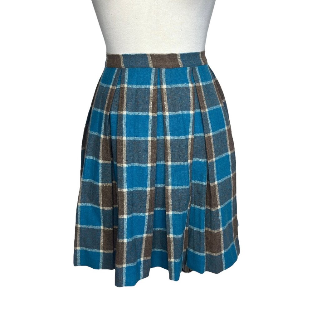 1970's Handmade Plaid Skirt Midi A-Line Pleated Barbiecore Blue and Brown Wool